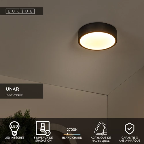 Lucide UNAR - Plafonnier - Ø 20 cm - LED 3 StepDim - 1x12W 2700K - Noir - USP